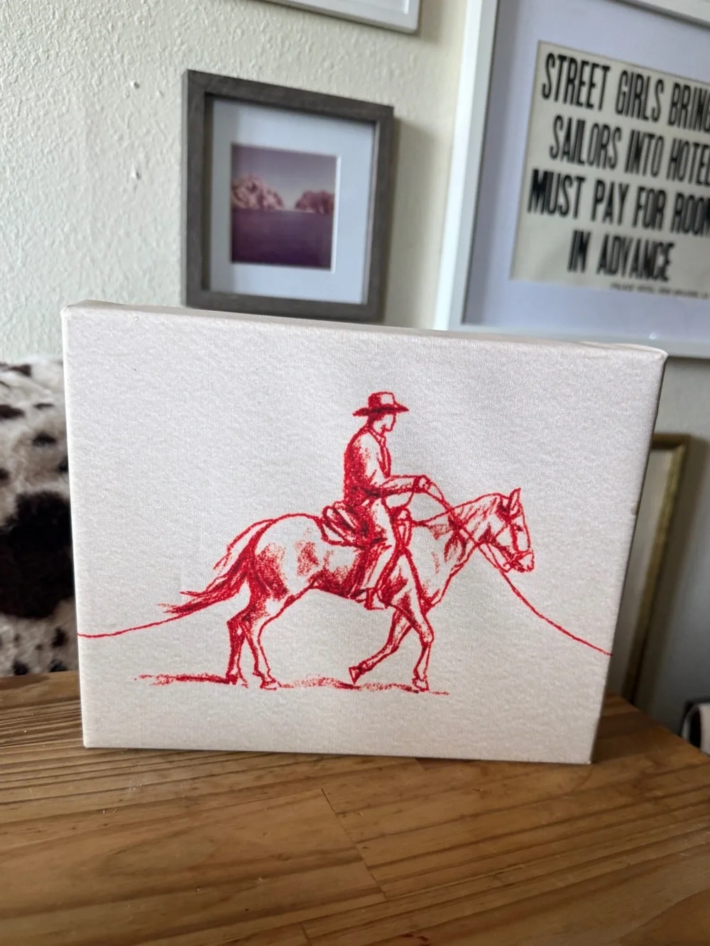 New Red illustrated Cowboy on Horse Wall Art Canvas 8x10” western decor